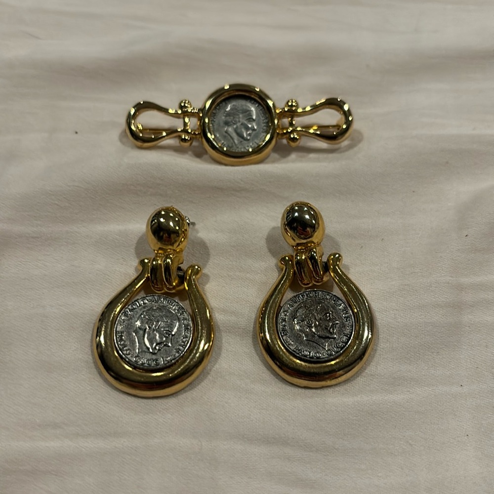Vintage 1980’s gold plated with coin center earrings and matching pin